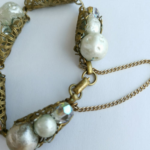 Antique 1930's Faux Pearl Crystal Bracelet in Gold Tone