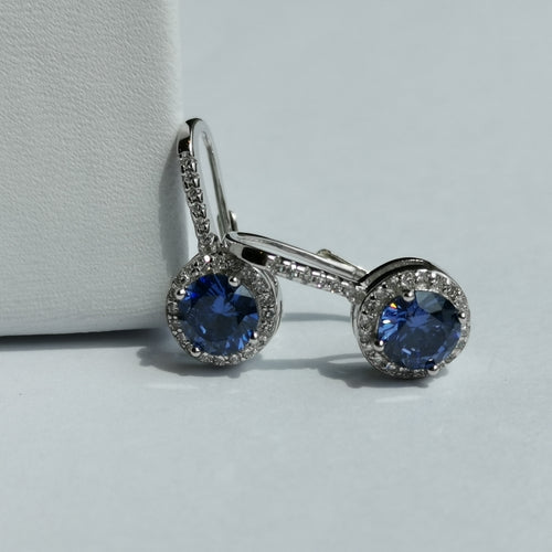 Tanzanite CZ Halo Drop Earrings in Sterling Silver Lever Back