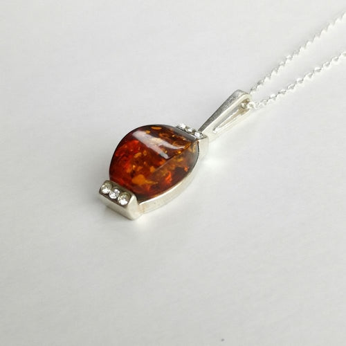 Baltic Amber Pendant Necklace in Sterling Silver with CZ accents