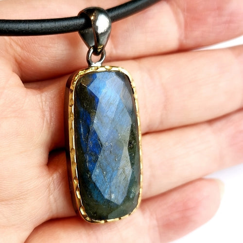 Faceted Labradorite Pendant Necklace in Sterling Silver 14k Gold Vermeil