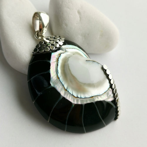 Black Nautilus Shell Pendant in Sterling Silver