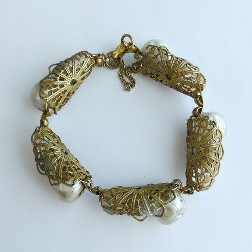 Antique 1930's Faux Pearl Crystal Bracelet in Gold Tone