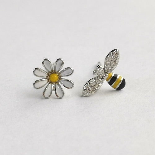 Small Flower and Bee Stud Earrings in Enamel and CZ in Sterling Silver