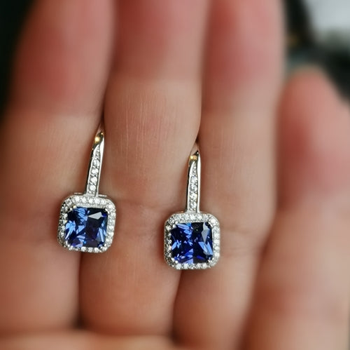 NWT Sapphire CZ Halo Drop Earrings in Sterling Silver Lever Back