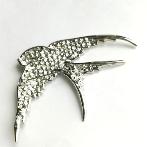 Crystal Swallow Bird Brooch in Silver Tone