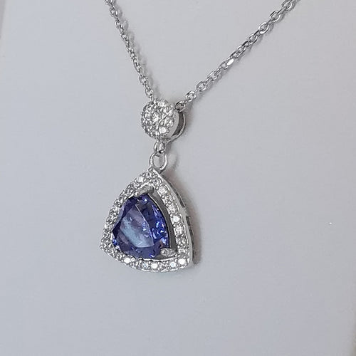 Trillion Sapphire with Halo Pendant Necklace in Sterling Silver