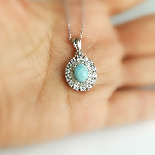 Vintage Larimar Blue Topaz Diamond Pendant Necklace