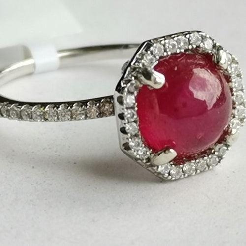 Vintage Cabochon Ruby Ring with White Sapphire Halo