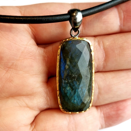 Faceted Labradorite Pendant Necklace in Sterling Silver 14k Gold Vermeil