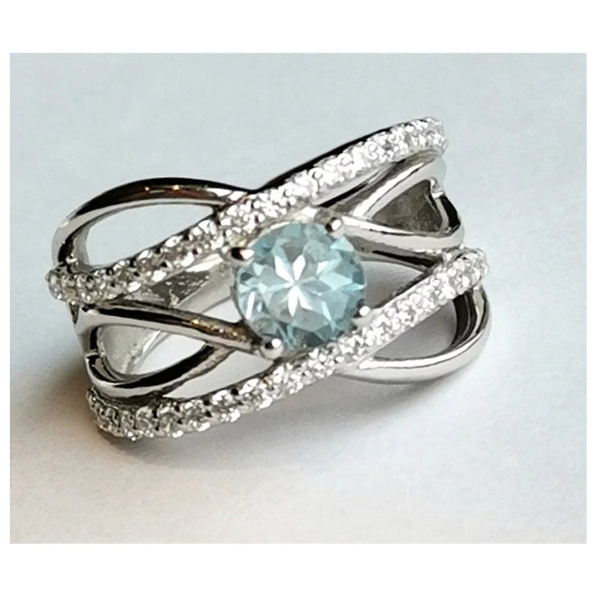 Sky Blue Topaz with White Sapphire Crossover Waves Band Ring