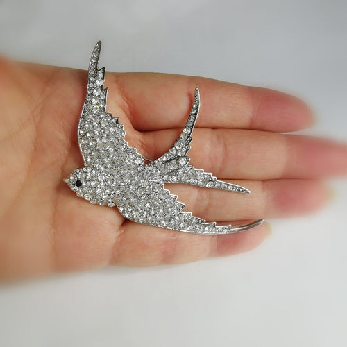 Crystal Swallow Bird Brooch in Silver Tone