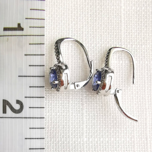 Tanzanite CZ Halo Drop Earrings in Sterling Silver Lever Back