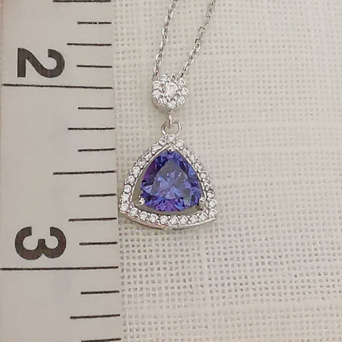 Trillion Sapphire with Halo Pendant Necklace in Sterling Silver