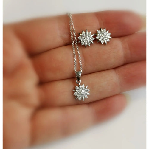 CZ Starburst Necklace Earring Set in Sterling Silver