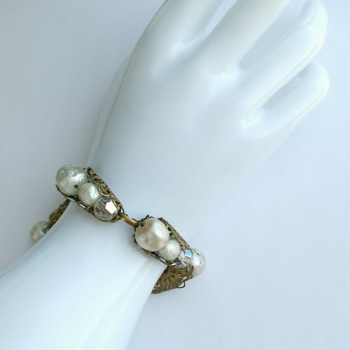 Antique 1930's Faux Pearl Crystal Bracelet in Gold Tone