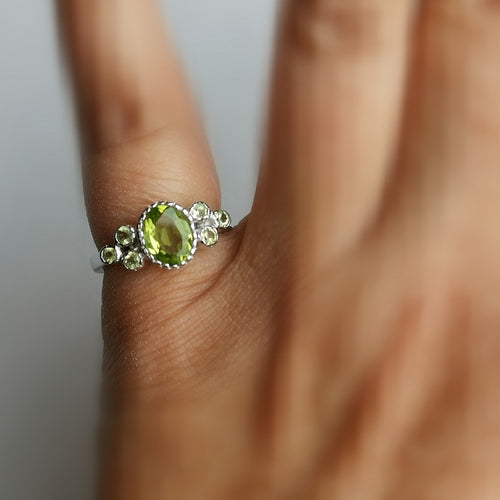 Victorian Revival Apple Green Peridot ring in Sterling Silver