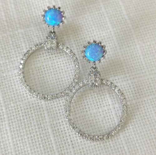 Blue Opal and CZ hoop earrings in Sterling Silver