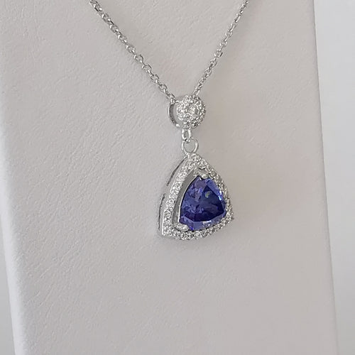 Trillion Sapphire with Halo Pendant Necklace in Sterling Silver