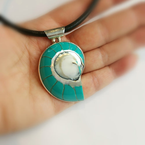 Turquoise Nautilus Shell in Sterling Silver Pendant on Cord Necklace