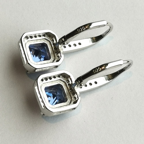 NWT Sapphire CZ Halo Drop Earrings in Sterling Silver Lever Back