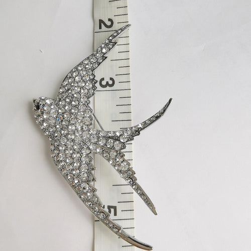 Crystal Swallow Bird Brooch in Silver Tone