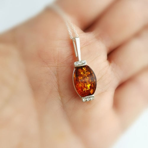 Baltic Amber Pendant Necklace in Sterling Silver with CZ accents