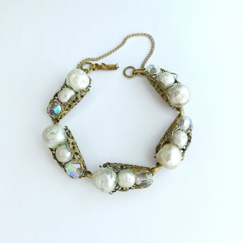 Antique 1930's Faux Pearl Crystal Bracelet in Gold Tone