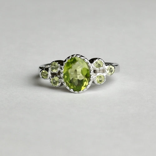 Victorian Revival Apple Green Peridot ring in Sterling Silver