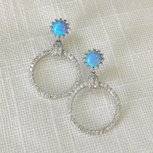 Blue Opal and CZ hoop earrings in Sterling Silver