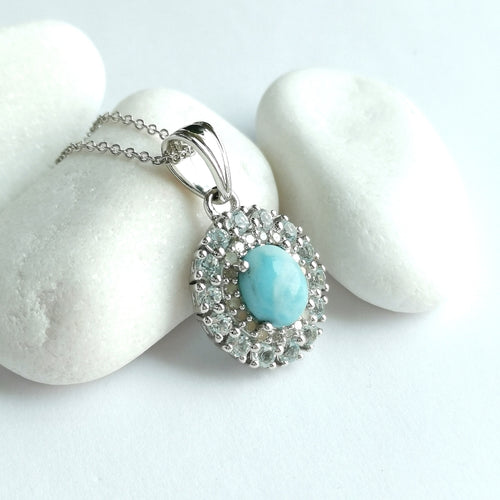 Vintage Larimar Blue Topaz Diamond Pendant Necklace