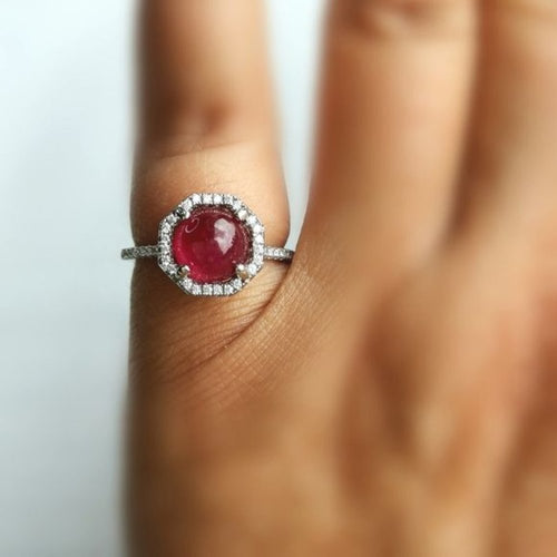 Vintage Cabochon Ruby Ring with White Sapphire Halo