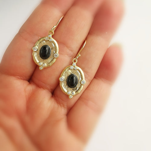 Vintage Black Onyx White Topaz Earrings in gold plated Sterling Silver