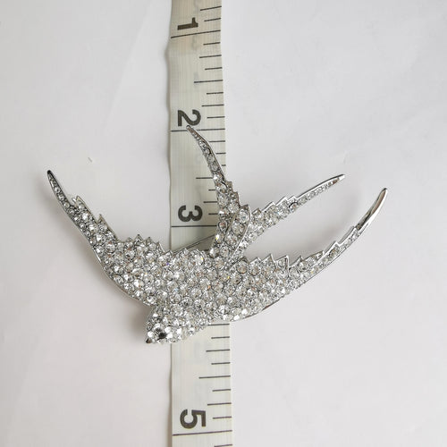 Crystal Swallow Bird Brooch in Silver Tone