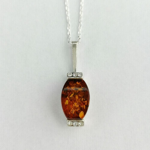 Baltic Amber Pendant Necklace in Sterling Silver with CZ accents