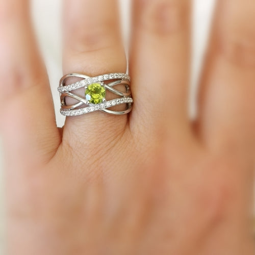 Apple Green Peridot White Topaz Waves Cocktail Ring In Sterling Silver