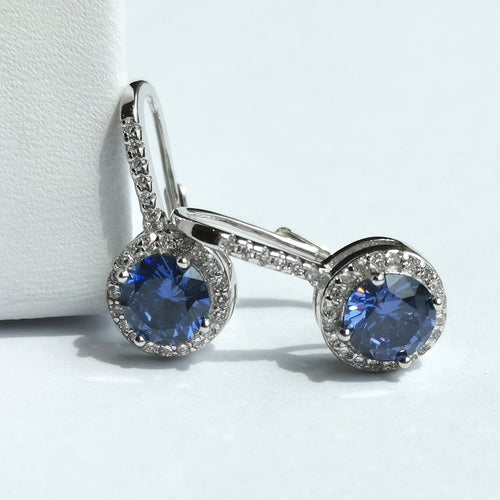 Tanzanite CZ Halo Drop Earrings in Sterling Silver Lever Back