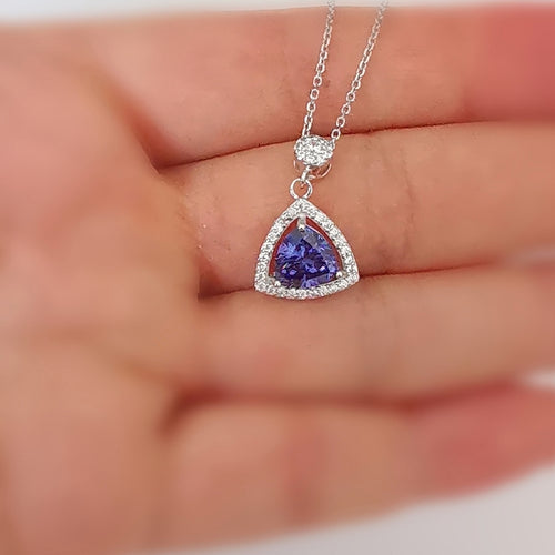 Trillion Sapphire with Halo Pendant Necklace in Sterling Silver