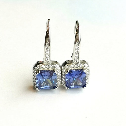 NWT Sapphire CZ Halo Drop Earrings in Sterling Silver Lever Back