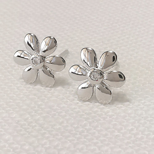 Forget-me-Not Flower Earrings with Diamond in Sterling Silver