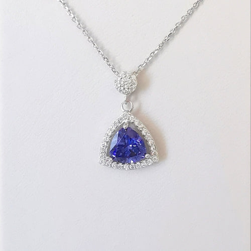 Trillion Sapphire with Halo Pendant Necklace in Sterling Silver