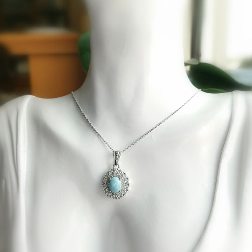 Vintage Larimar Blue Topaz Diamond Pendant Necklace