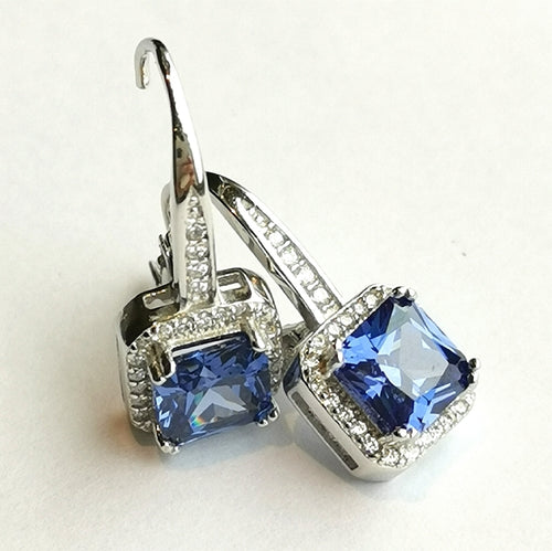 NWT Sapphire CZ Halo Drop Earrings in Sterling Silver Lever Back