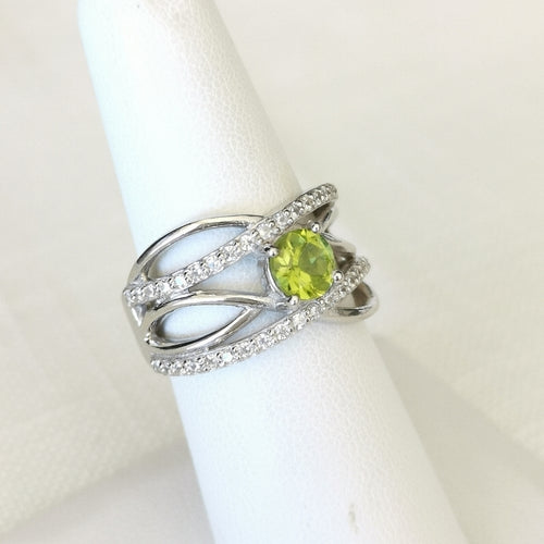 Apple Green Peridot White Topaz Waves Cocktail Ring In Sterling Silver