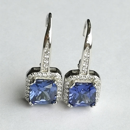 NWT Sapphire CZ Halo Drop Earrings in Sterling Silver Lever Back