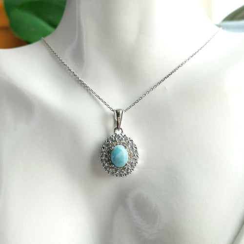 Vintage Larimar Blue Topaz Diamond Pendant Necklace