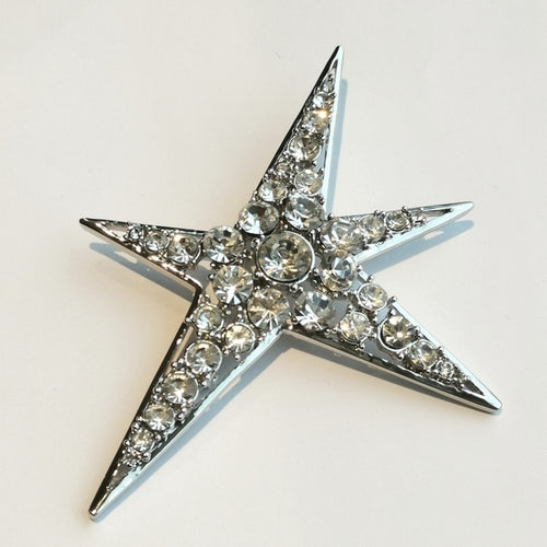 Statement Crystal Star Brooch in Silver Tone