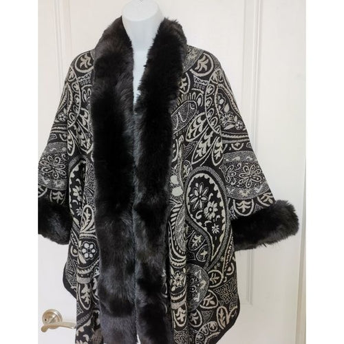 Paisley Black Cape with Faux Fur Trim one size