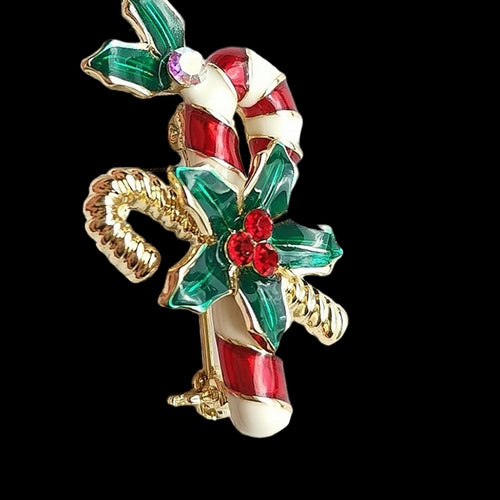 Christmas Candy Cane Brooch Enamel and Crystals