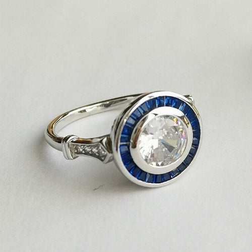 Art Deco Design White and Blue Sapphire Ring