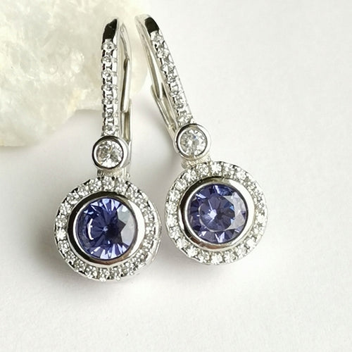 Tanzanite CZ Halo Drop Earrings in Sterling Silver Lever Back